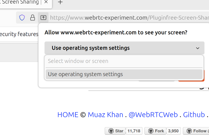 Screenshot of Firefox’s share window/screen popup. No windows or screens are available because Firefox doesn’t detect them.