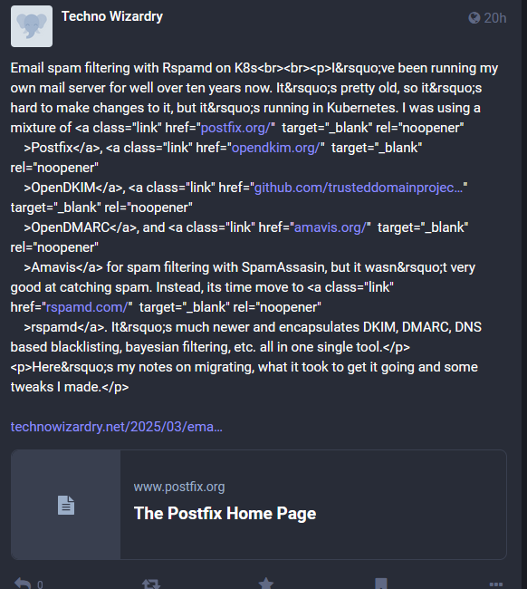 A screenshot of my blog post in Mastodon. You can see HTML elements directly in the post. Example: I was using a mixture of
