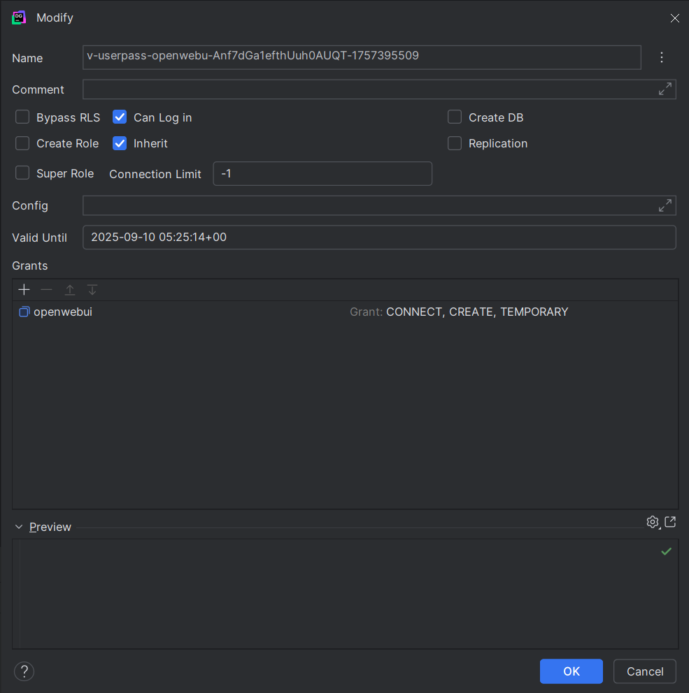 A screenshot from JetBrains DataGrip tool showing the dynamically created role. It has a random name, is marked as can login in, and a expiration date 1 day later. It has one grant for CONNECT, USAGE, and TEMPORARY for the database, but no access to the schema