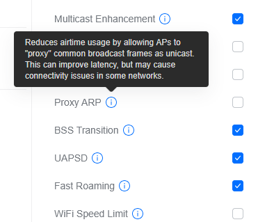 Screenshot of the Ubiquiti Network Wi-Fi advanced settings page showing Proxy ARP. They provide the above explanation.