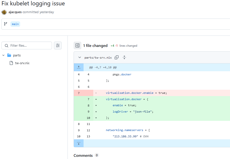 A screenshot from GitHub showing a simple Nix script change to enable json based logs in Docker. The diff clearly shows the change vs just arbitrarily changing config on a server.