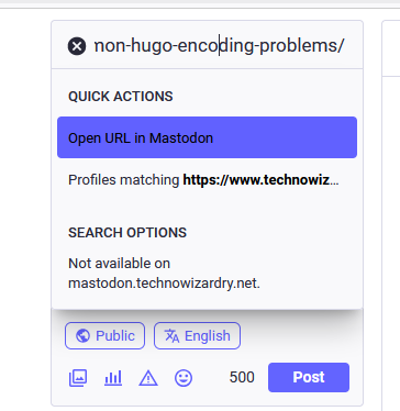 A screenshot from Mastodon. The user is searching for a post url and is presented with Open URL or Profiles matching. Open URL is highlighted