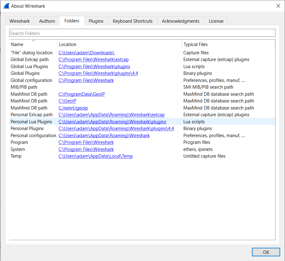 A screenshot from Wireshark’s About window showing the location of the folder where the script needs to be saved.