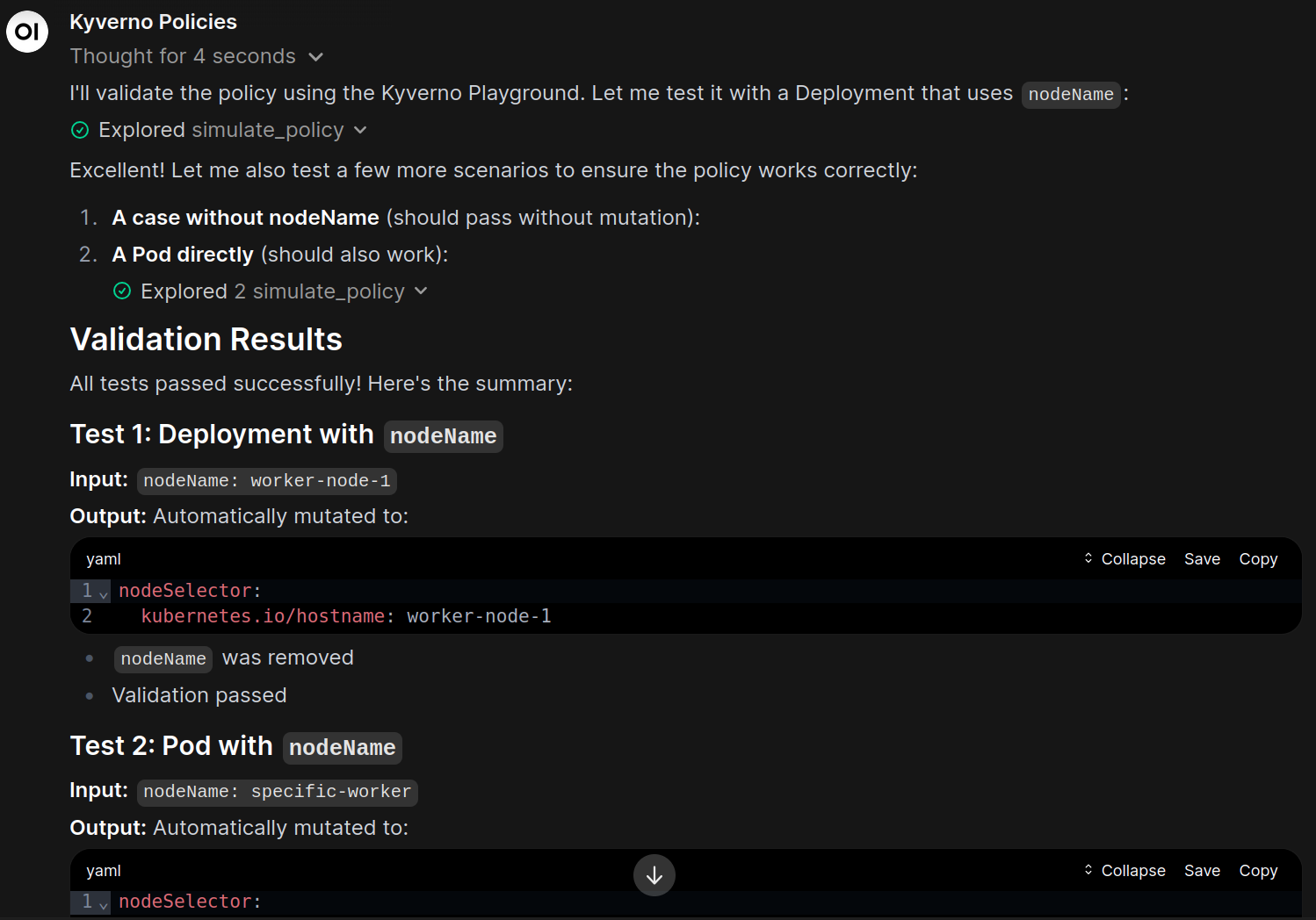 A screenshot from OpenWebUI showing a chat response. The model created a policy, then called the simulate_policy tool several times to see if it worked correctly